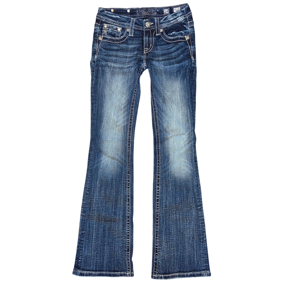 Miss Me Girls Dark Wash Bootcut Jeans Embroidered Flap Pocket Size 14 KE8109B2